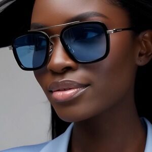 Square Sunglasses Women Retro‎ Designer Blue Tinted Lens Driving Shades Lentes